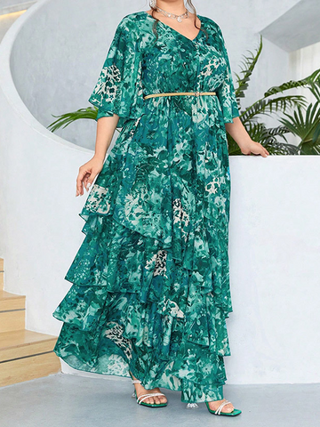 Woochic Robe longue à manches cloche en mousseline de soie à la mode, grande taille